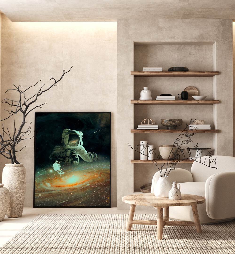 Feeding The Abyss By Francis Minoza Astronaut & Nasa Paintings, Space Art Prints Artwork in Black Plain Frame placed on a Floor near a Beige Colored Wall in the Drawing Room
