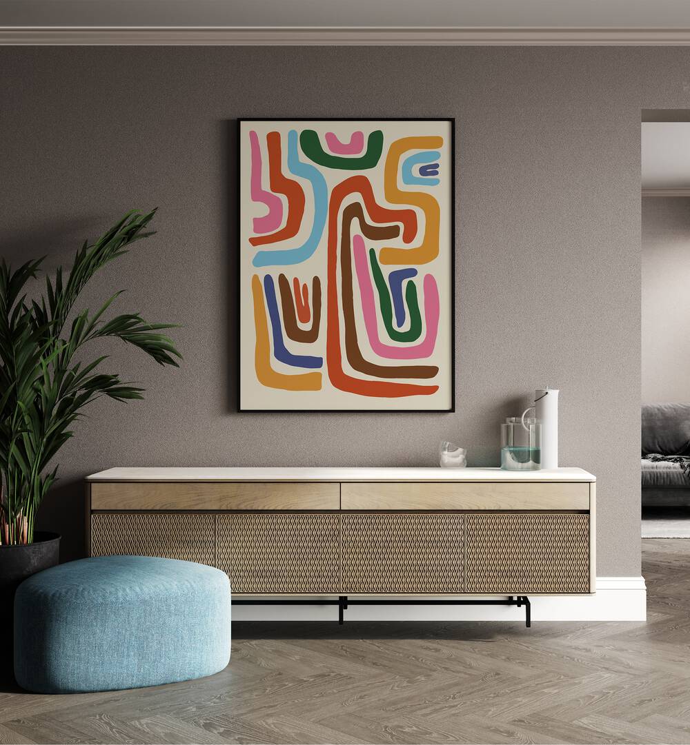 Feeling Flow, Abstract Art Prints Artwork in Black Plain Frame
placed on a Beige Colored Wall
placed above a Console Table
in the Drawing Room
