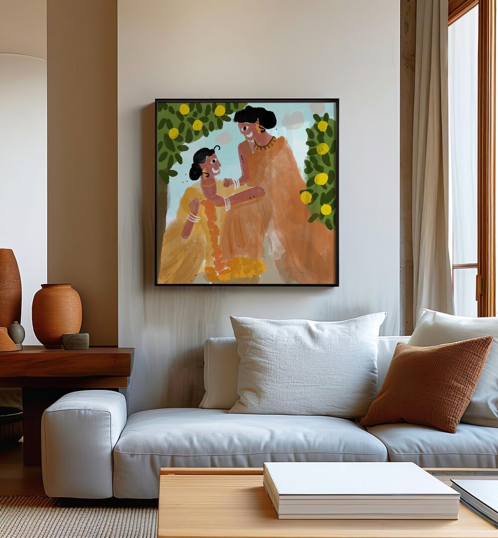 Festive Celebrations By Shreya Roy Chowdary, Indian Art Paintings Artwork in Black Plain Frame placed on a Cream Colored Wall near a White Sofa
in the Living Room