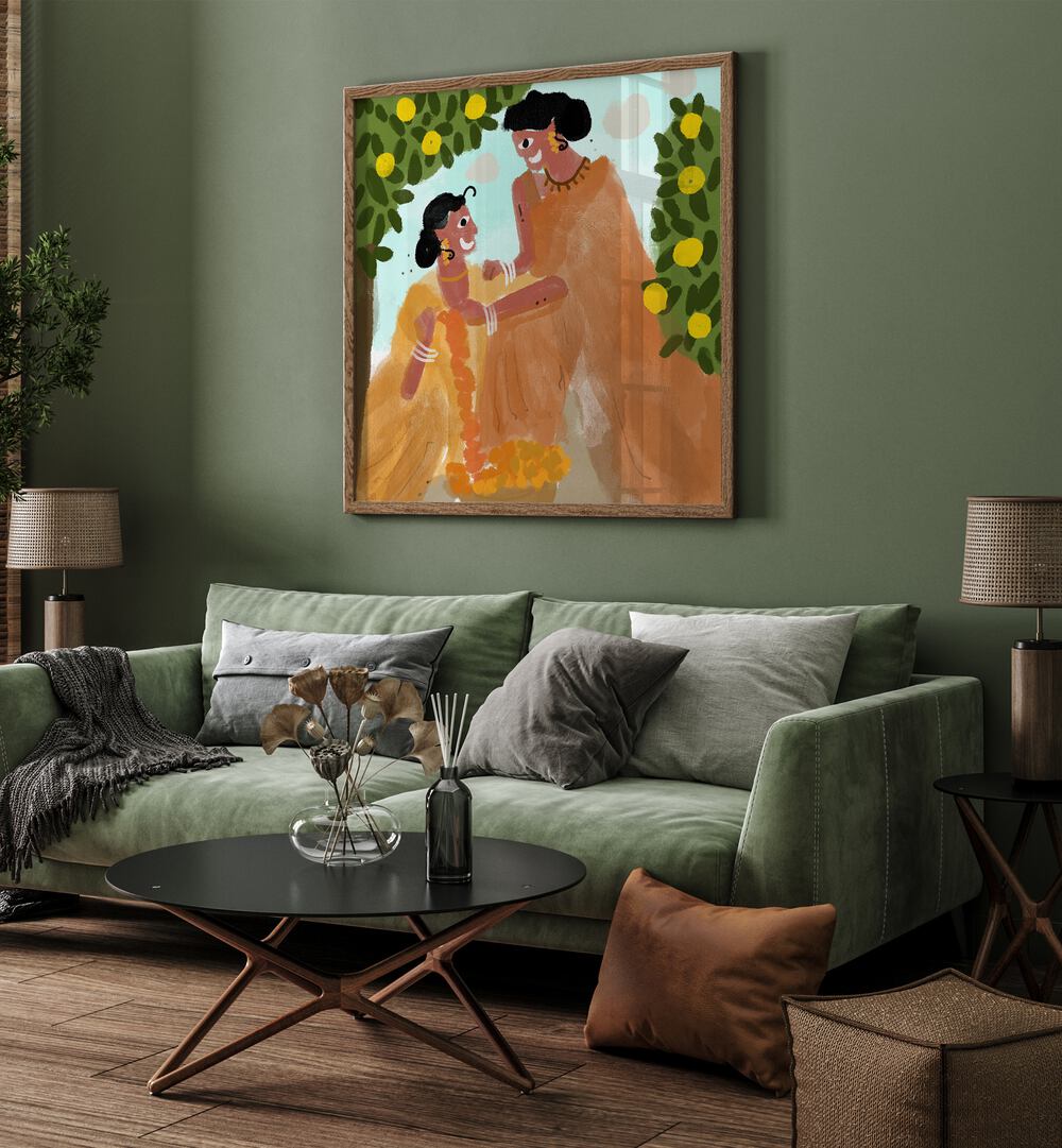 Festive Celebrations By Shreya Roy Chowdary, Indian Art Paintings Artwork in Oak Wood Plain Frame placed on a Green Colored Wall near a Green Sofa in the Living Room