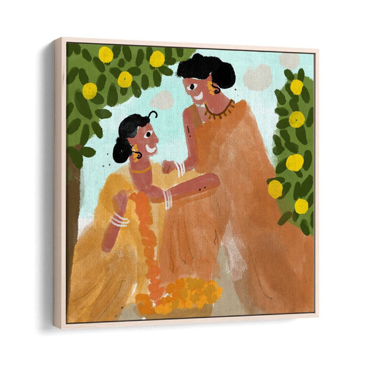 Festive Celebrations By Shreya Roy Chowdary, Indian Art Paintings Artwork in Oak Wood Floater Frame
