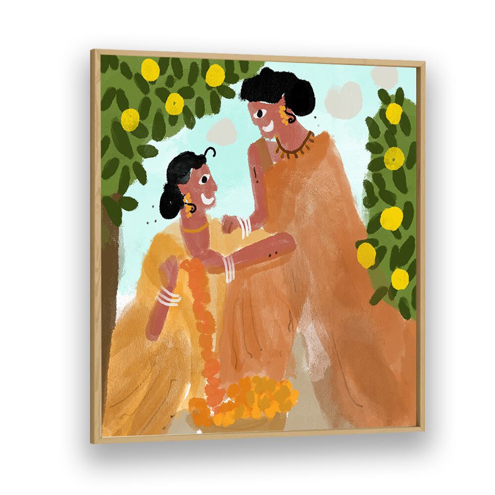 Festive Celebrations By Shreya Roy Chowdary, Indian Art Paintings Artwork in Oak Wood Plain Frame
