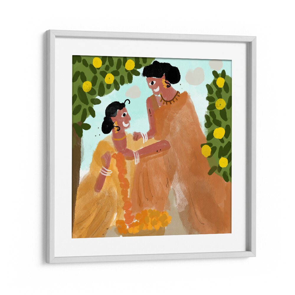 Festive Celebrations By Shreya Roy Chowdary, Indian Art Paintings Artwork in White Frame With Mount
