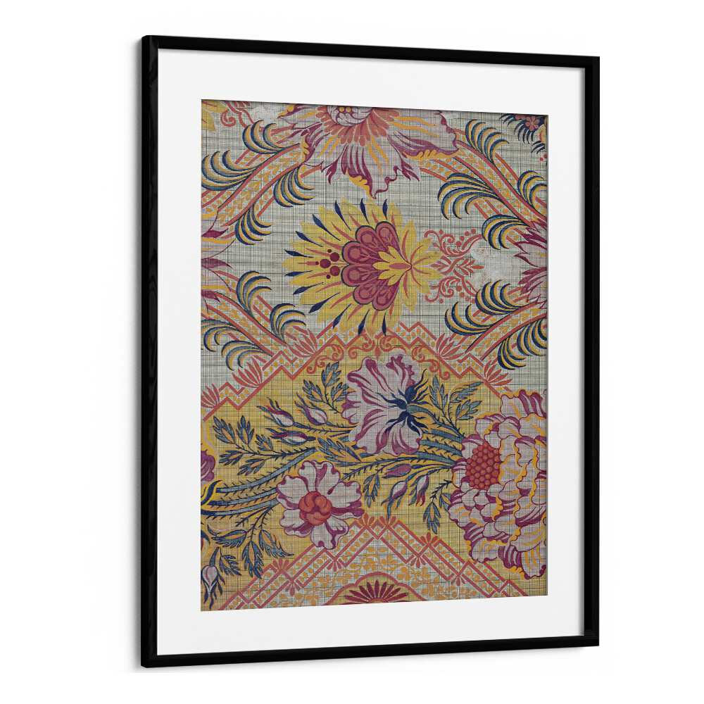 Fiery Floral I  Botanical Flower Paintings Artwork  in Black Frame With Mount