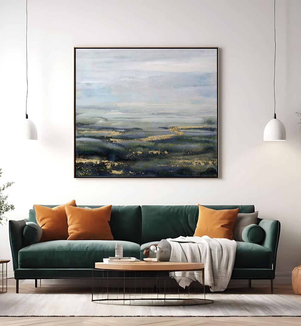 Elegant FINDING PEACE, ABSTRACT PAINTINGS above a cozy green sofa, enhancing relaxation and serenity in any space.