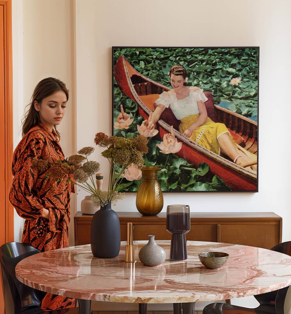 Finger Petal Reverie Surreal Art Painting Artwork in plain black frame above a console table for dining area