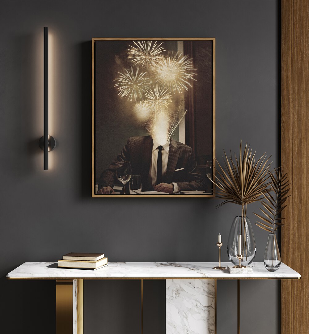 Fireworks Ahead Surreal Art Painting Artwork in oakwood floater frame above table on a grey wall