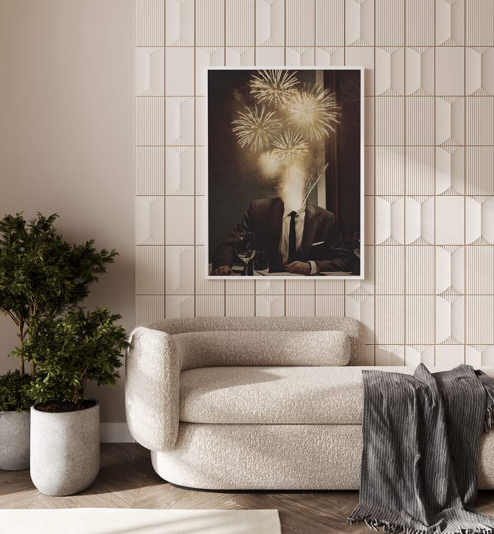 Fireworks Ahead Surreal Art Painting Artwork in plain white frame above a sofa beside a plant