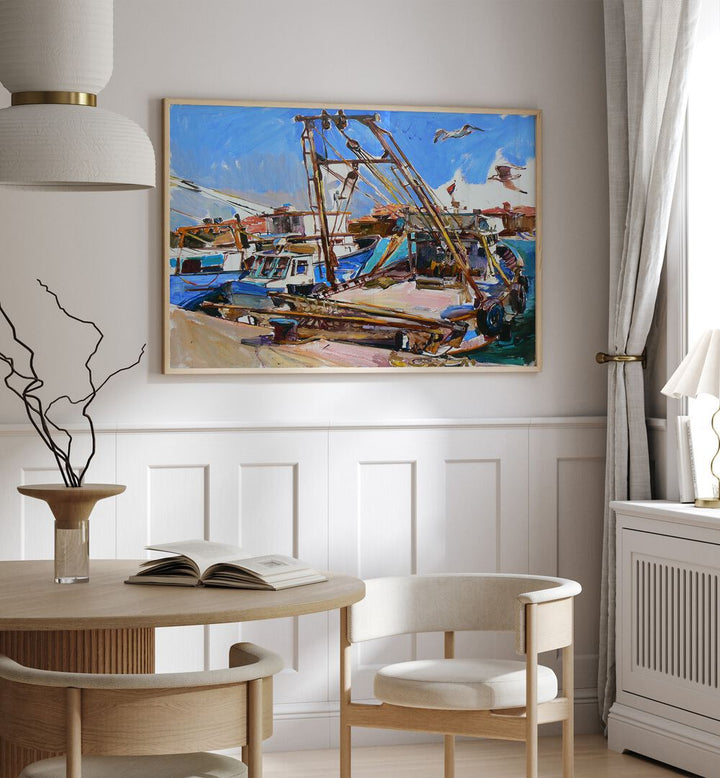 Colorful FISHING BOATS in a vibrant BEACH PAINTING, capturing the essence of aquatic adventures and seaside charm.