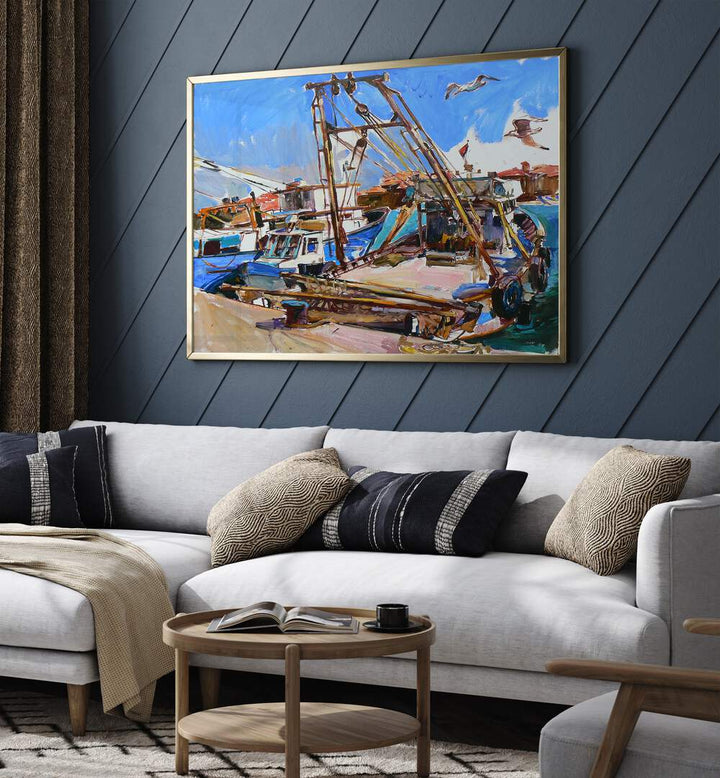 Vibrant FISHING BOATS , BEACH PAINTINGS showcase aquatic adventures, perfect for any nautical-themed decor.