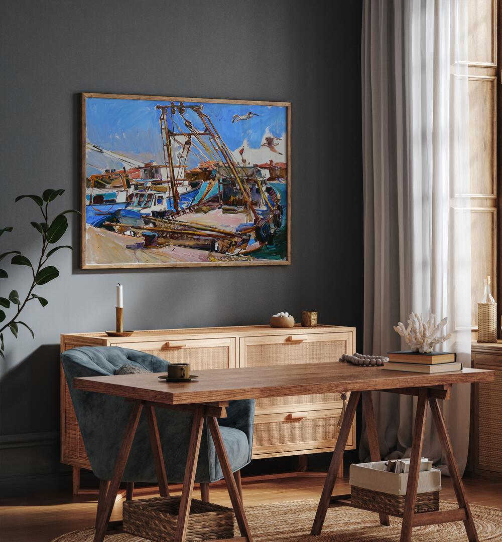 Vibrant FISHING BOATS, BEACH PAINTINGS adorn a stylish interior, showcasing aquatic adventure and serene beauty.