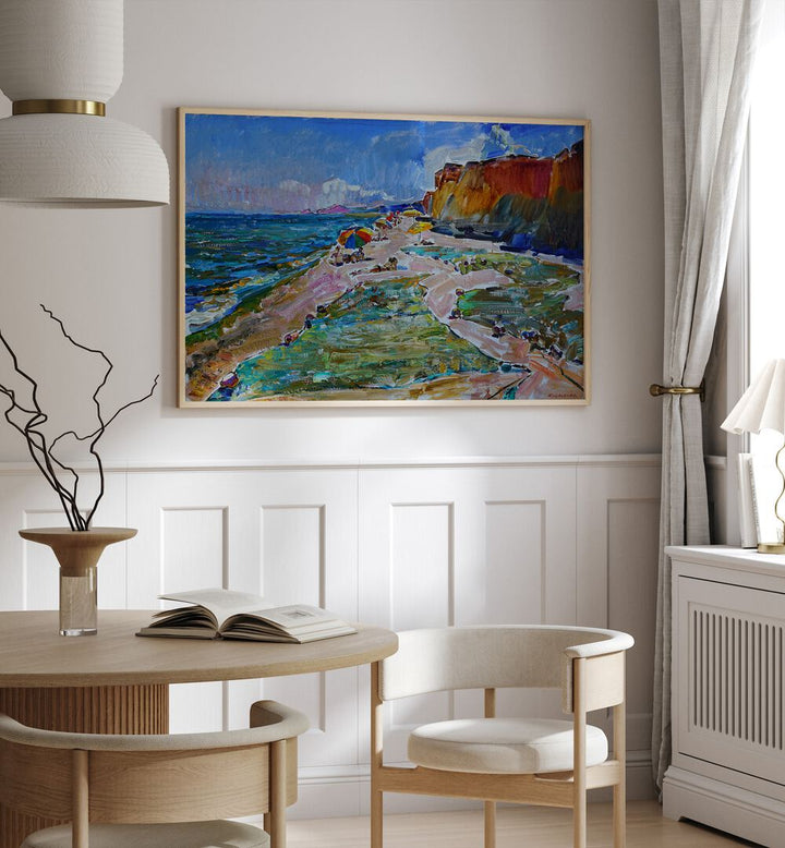 Colorful landscape painting featuring fishing nets on the beach, perfect for coastal decor enthusiasts.