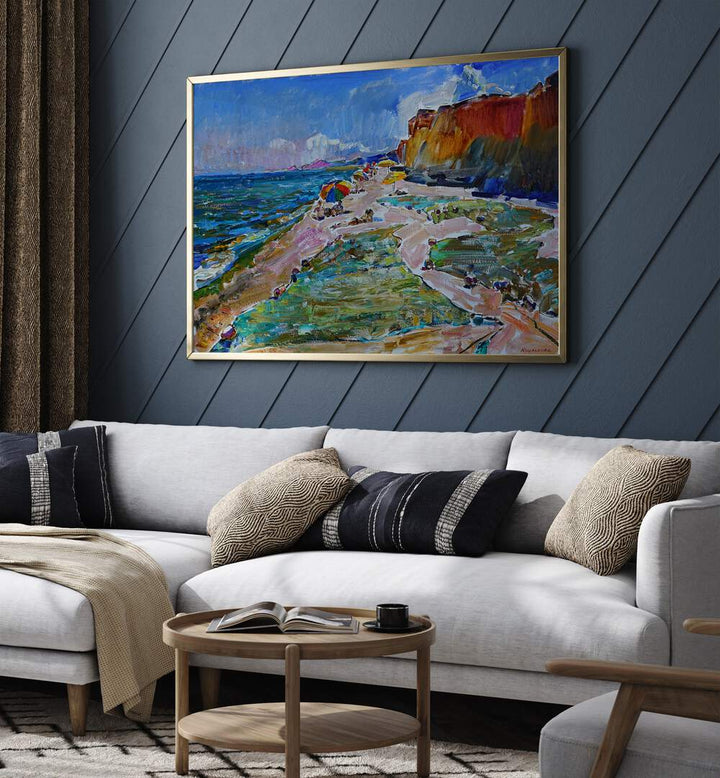 Vibrant landscape painting of fishing nets on the beach, perfect for enhancing your seaside decor and adventures.