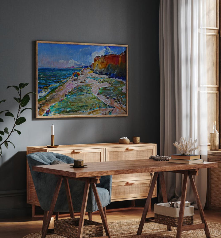 Bright and inviting landscape painting featuring fishing nets on the beach, perfect for seaside decor enthusiasts.
