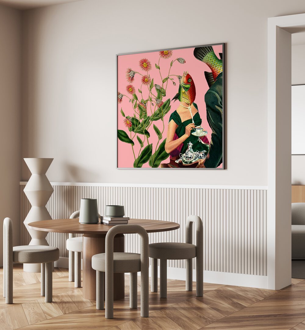 Colorful surreal art print featuring Fish Soulmate Pink collage, perfect for modern spaces. FISH SOULMATE PINK , SURREAL ART PRINTS.