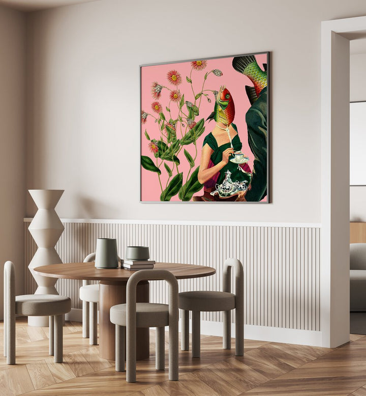 Colorful surreal art print featuring Fish Soulmate Pink collage, perfect for modern spaces. FISH SOULMATE PINK , SURREAL ART PRINTS.