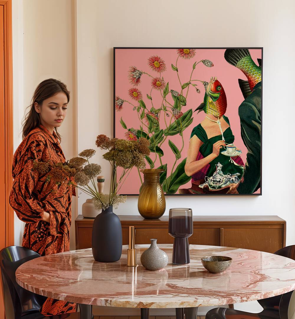 Vibrant "Fish Soulmate Pink" surreal art print, perfect for modern spaces, showcasing unique collage artistry.