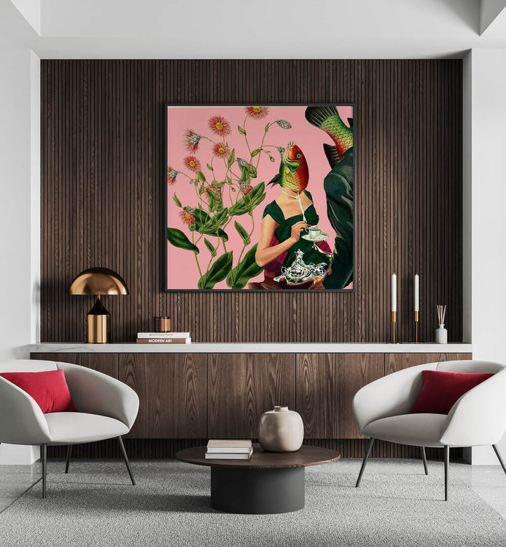 Vibrant FISH SOULMATE PINK, SURREAL ART PRINTS, showcasing a whimsical collage for modern spaces.