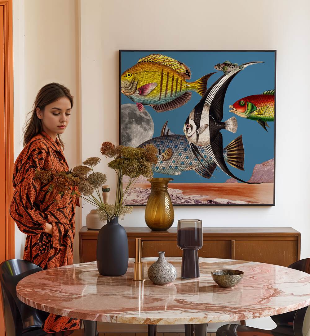 Vibrant FISH WORLD BLUE, BEACH PAINTINGS art piece showcasing colorful marine life, perfect for ocean lovers' decor.