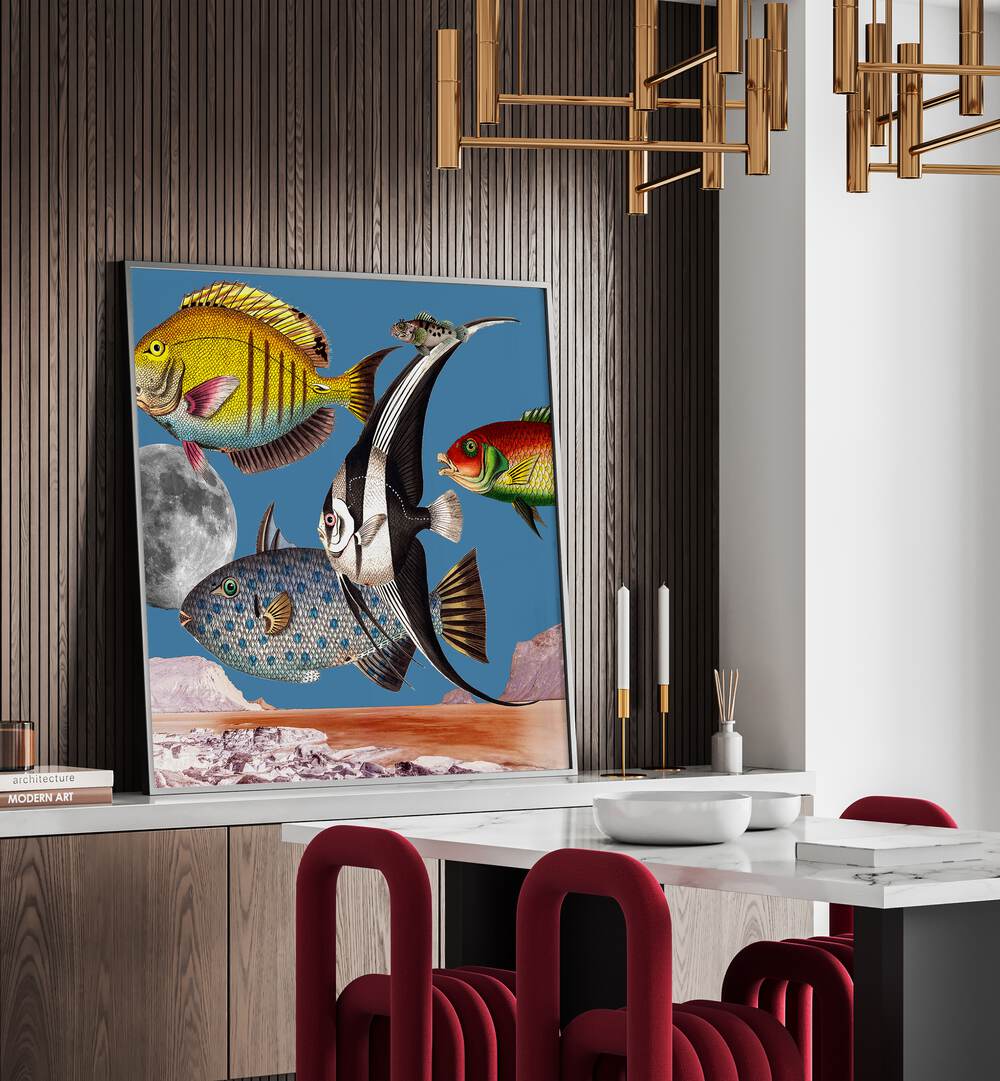 Vibrant FISH WORLD BLUE, BEACH PAINTINGS digital collage showcasing colorful marine life in a modern living space.