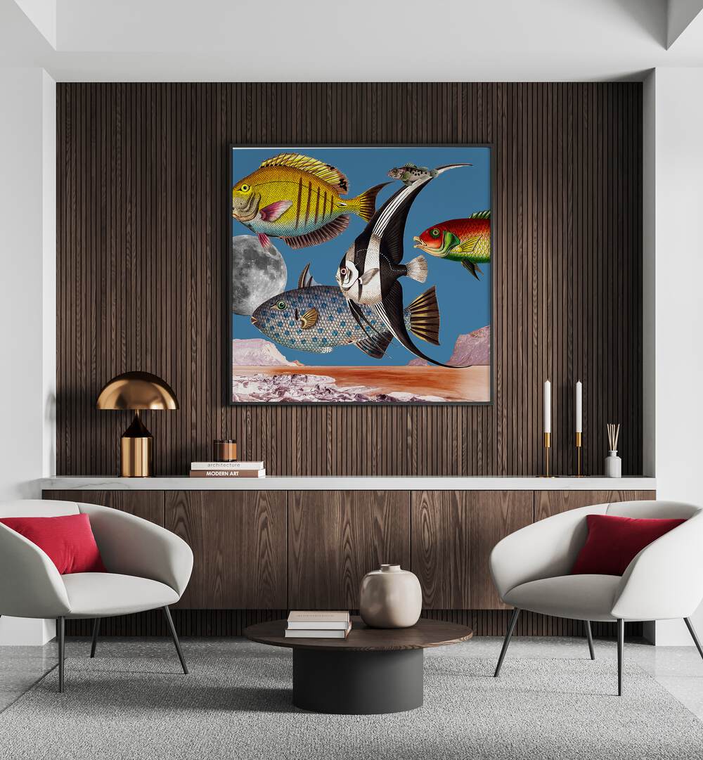 Vibrant FISH WORLD BLUE, BEACH PAINTINGS artwork showcasing colorful fish against a blue background, perfect for ocean lovers.