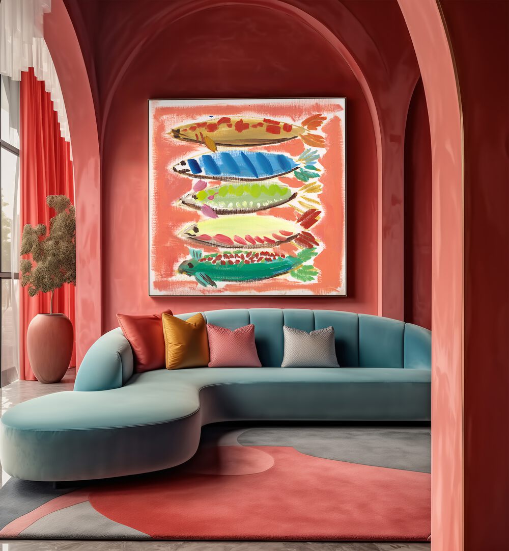 Vibrant FIVE FISH, BEACH PAINTINGS brighten the modern living space, perfect for coastal decor enthusiasts.