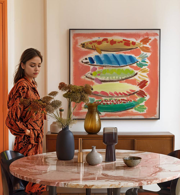 Colorful FIVE FISH, BEACH PAINTINGS displayed in a stylish room, enhancing coastal decor with vibrant artistry.
