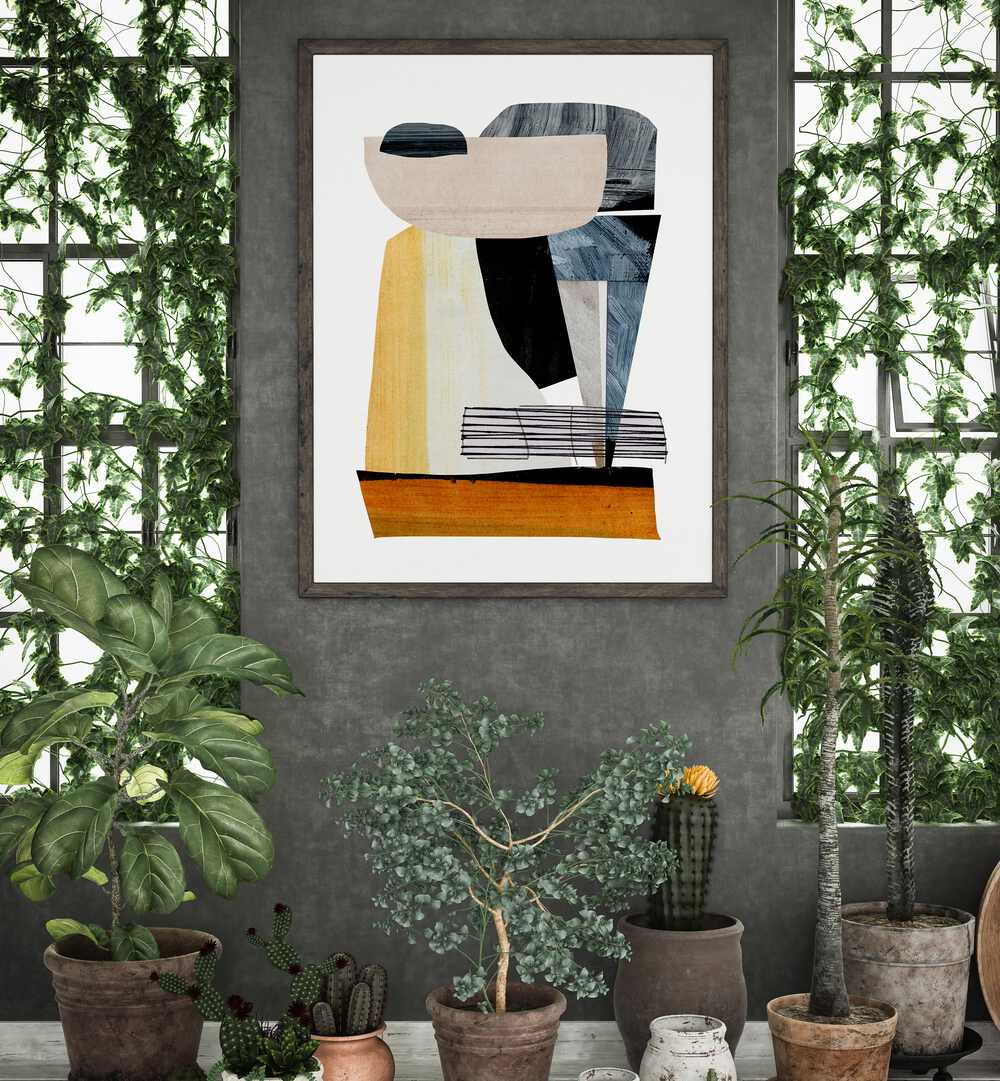 Stylish FLAIR, ABSTRACT PAINTINGS on a wall, surrounded by greenery, enhancing modern home decor.