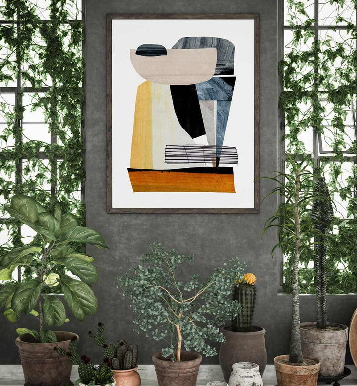 Stylish FLAIR, ABSTRACT PAINTINGS on a wall, surrounded by greenery, enhancing modern home decor.