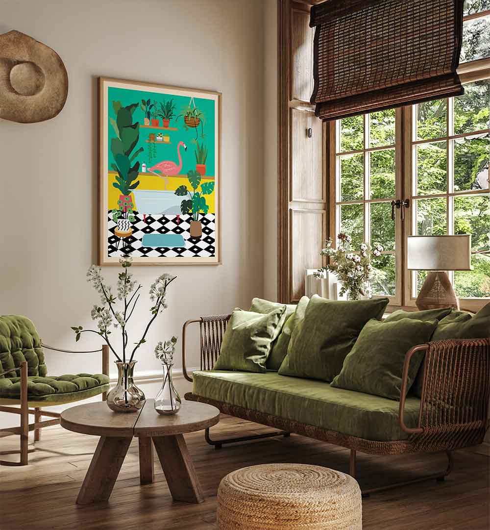 FLAMINGO BATH TIME , BATHROOM ART PRINTS