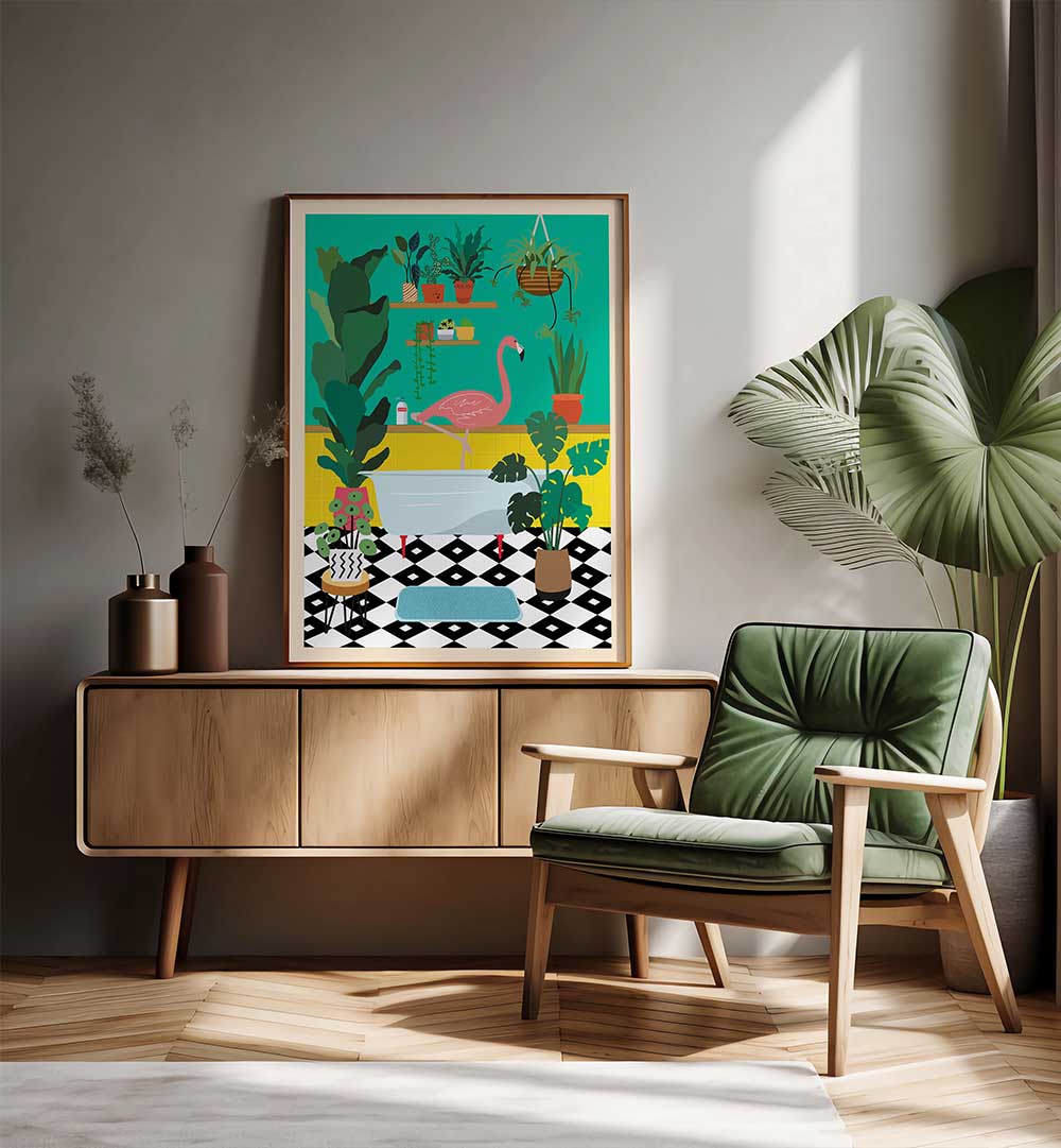FLAMINGO BATH TIME , BATHROOM ART PRINTS
