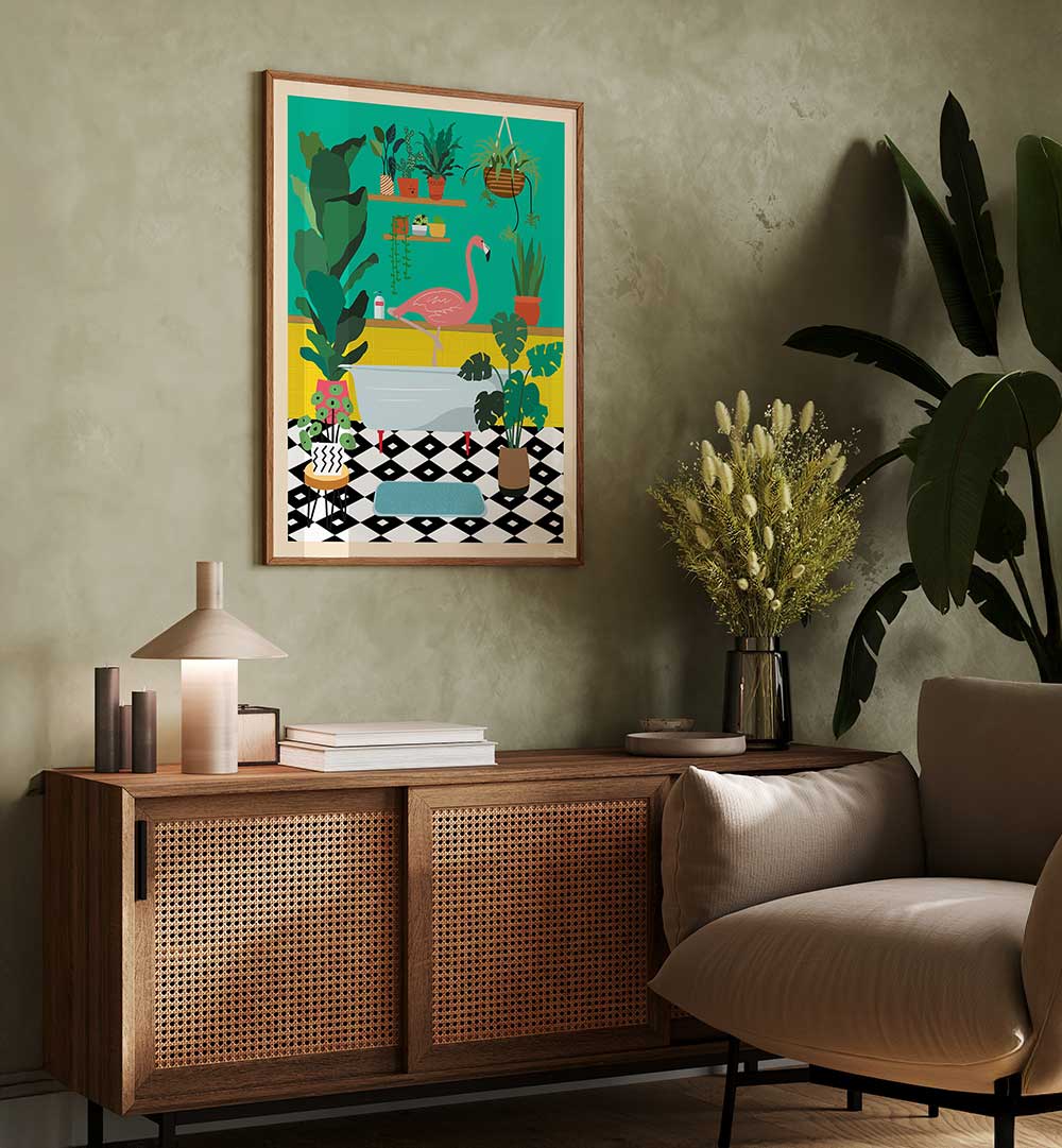 FLAMINGO BATH TIME , BATHROOM ART PRINTS