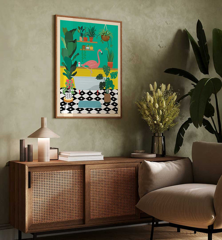 FLAMINGO BATH TIME , BATHROOM ART PRINTS