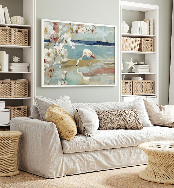 FLAMINGO UNDER CHERRY BLOSSOMS BY THE SHORE