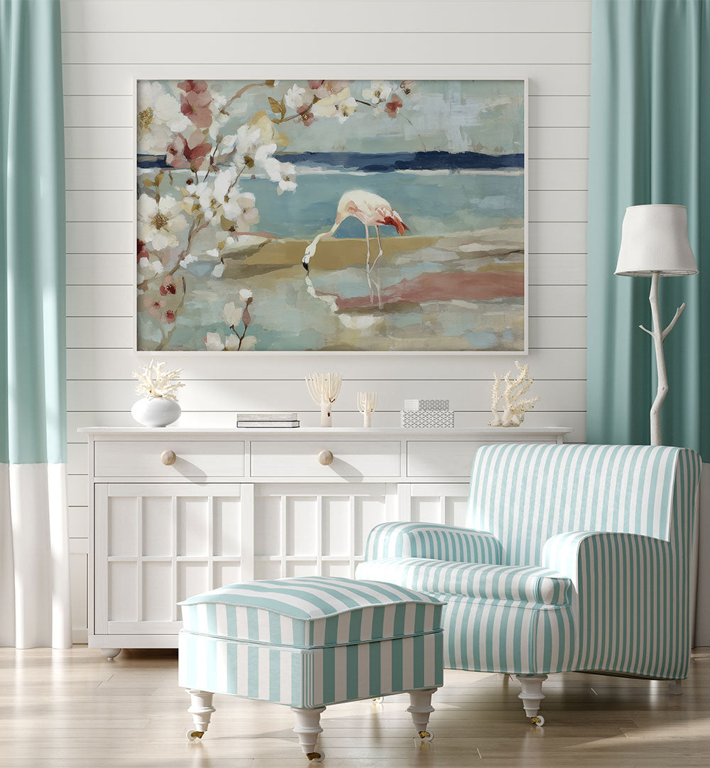 FLAMINGO UNDER CHERRY BLOSSOMS BY THE SHORE