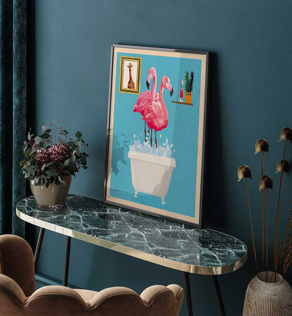 FLAMINGOS IN BATH , BATHROOM ART PRINTS