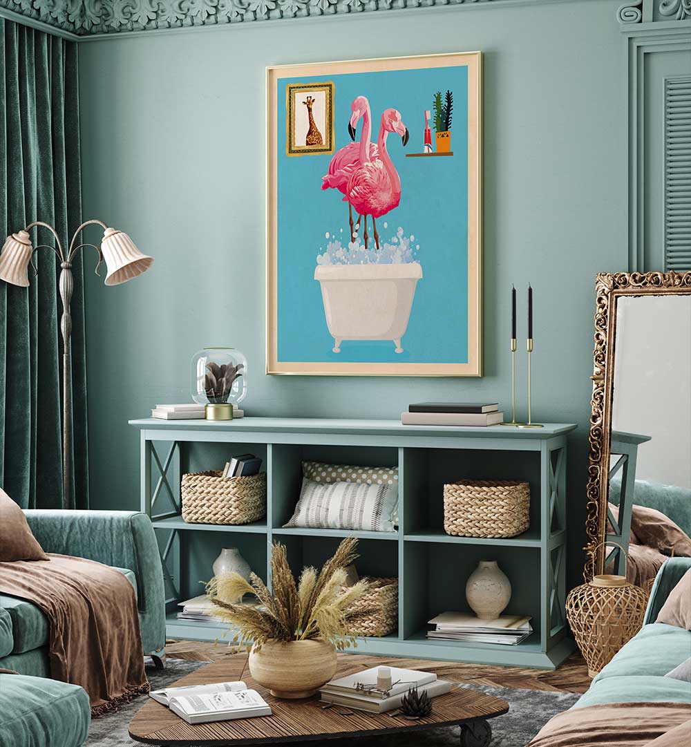 FLAMINGOS IN BATH , BATHROOM ART PRINTS