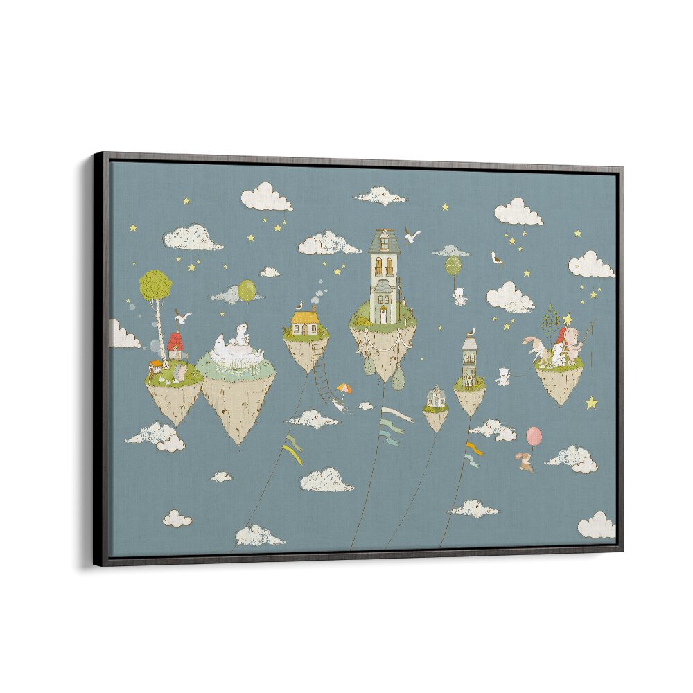 Floating Islands Nightblue Kids Art Artwork in Black Floater Frame
