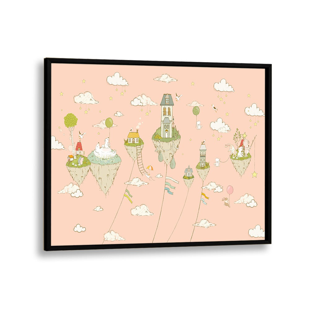 Floating Islands Peachy Kids art Artwork in Black Plain Frame
