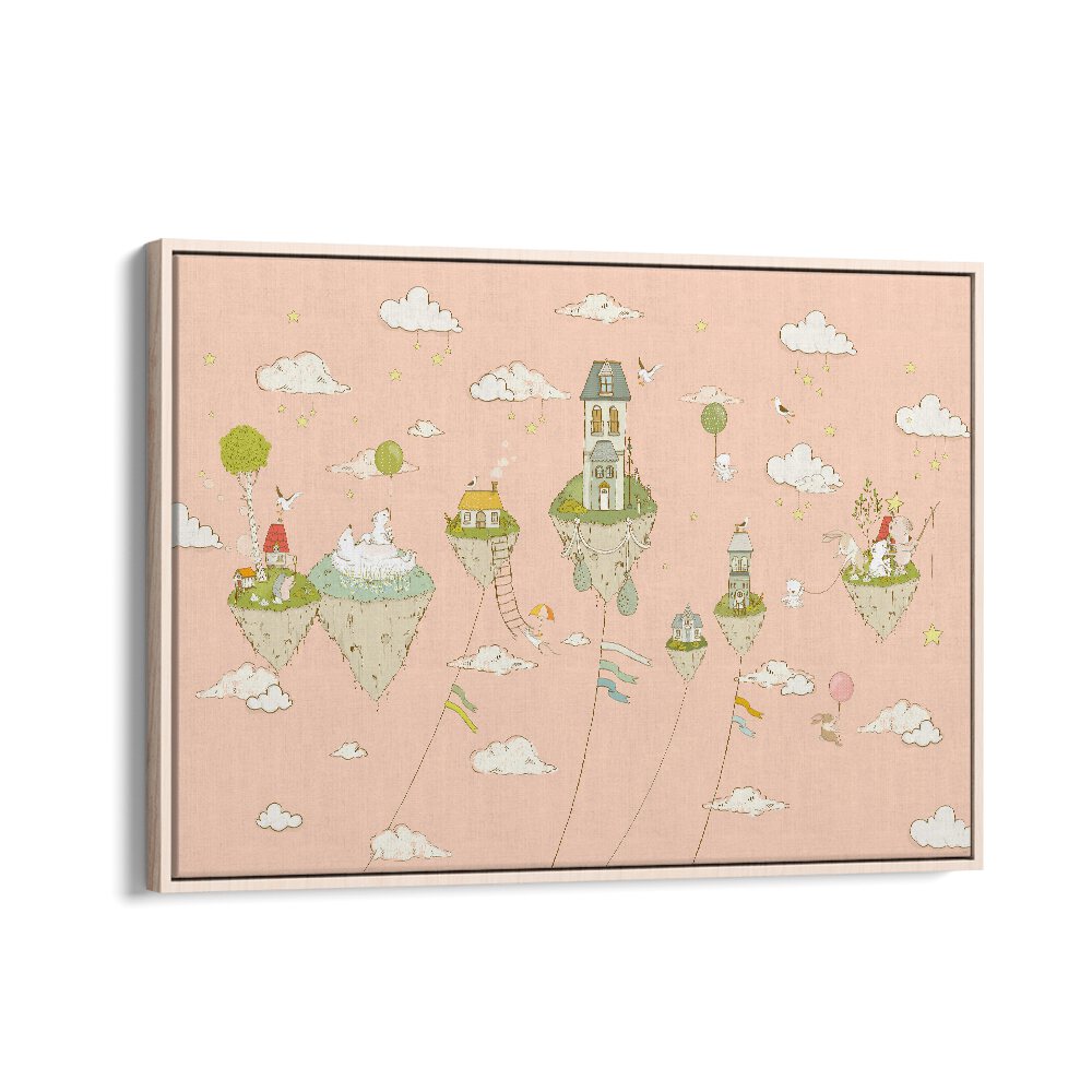 Floating Islands Peachy Kids Art Artwork in Oak Wood Floater Frame
