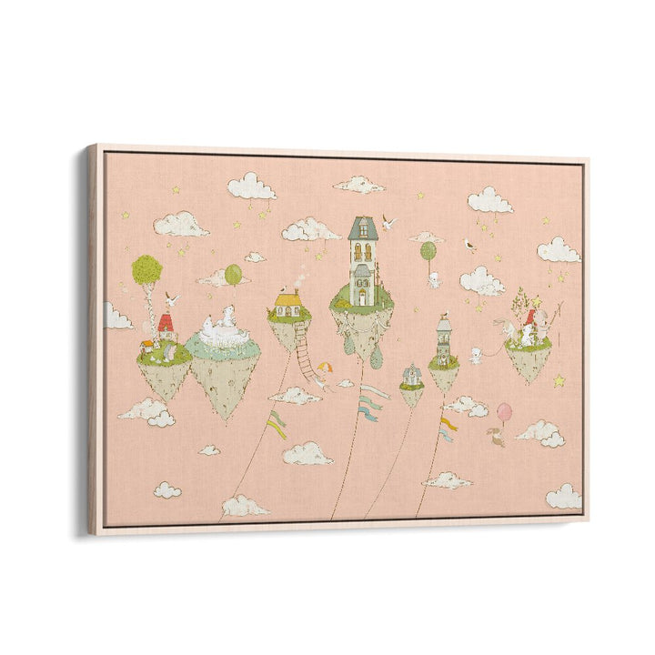 Floating Islands Peachy Kids Art Artwork in Oak Wood Floater Frame
