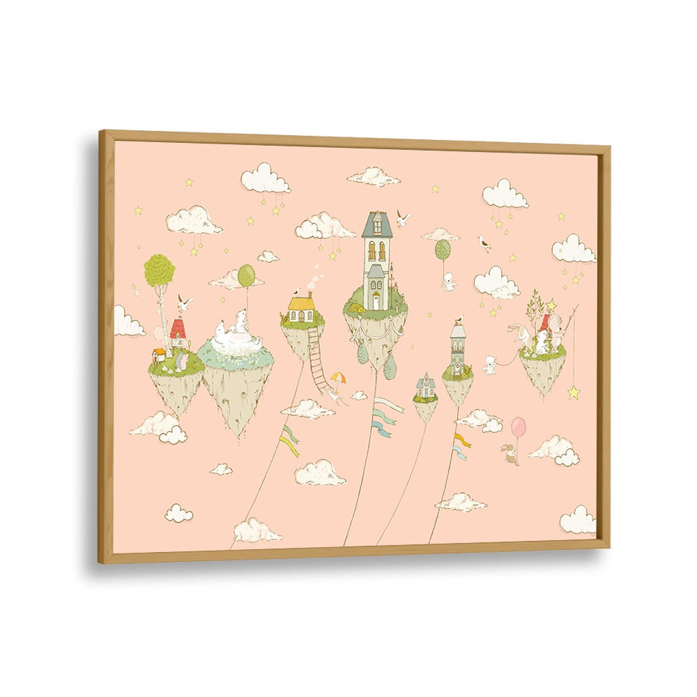 Floating Islands Peachy Kids Art Artwork in Oak Wood Plain Frame
