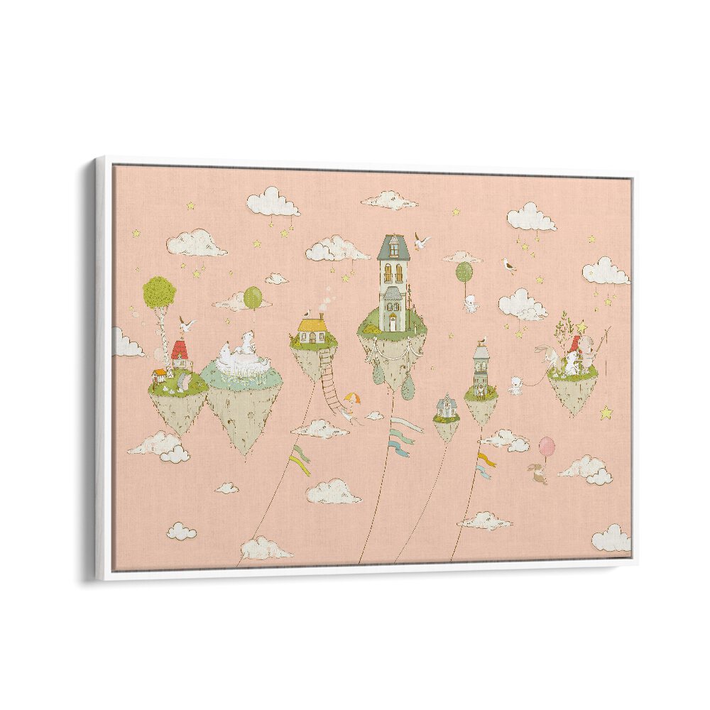 Floating Islands Peachy Kids art painting Artwork in White Floater Frame
