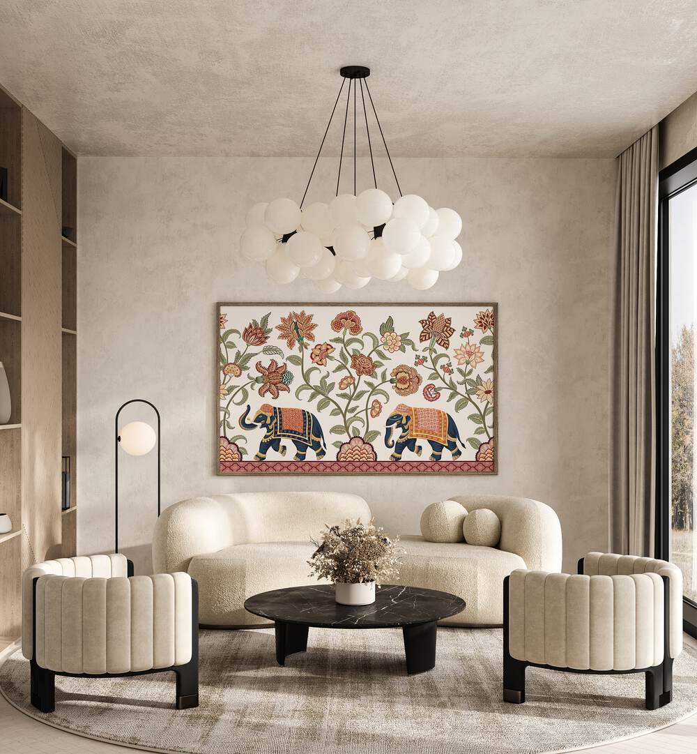 Floral Serenade Elephant's Symphony Indian Art Painting Artwork in Oak Wood Plain Frame placed on a Beige Textured Wall near a Beige Sofa in the Living Room