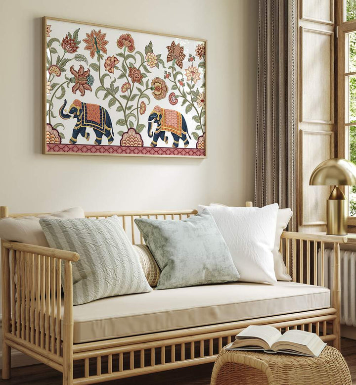 Floral Serenade Elephant's Symphony Indian Art Painting Artwork in Oak Wood Plain Frame placed on a Cream Colored Wall near a Sofa in the Living Room