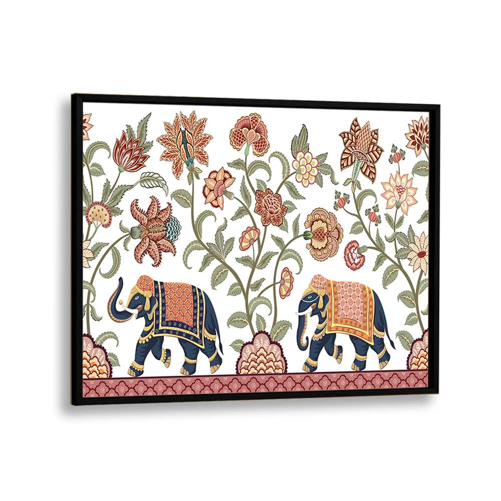 Floral Serenade Elephants Symphony Indian art painting Artwork in Black Plain Frame