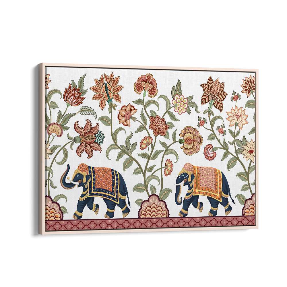 Floral Serenade Elephants Symphony Indian art painting Artwork in Oak Wood Floater Frame