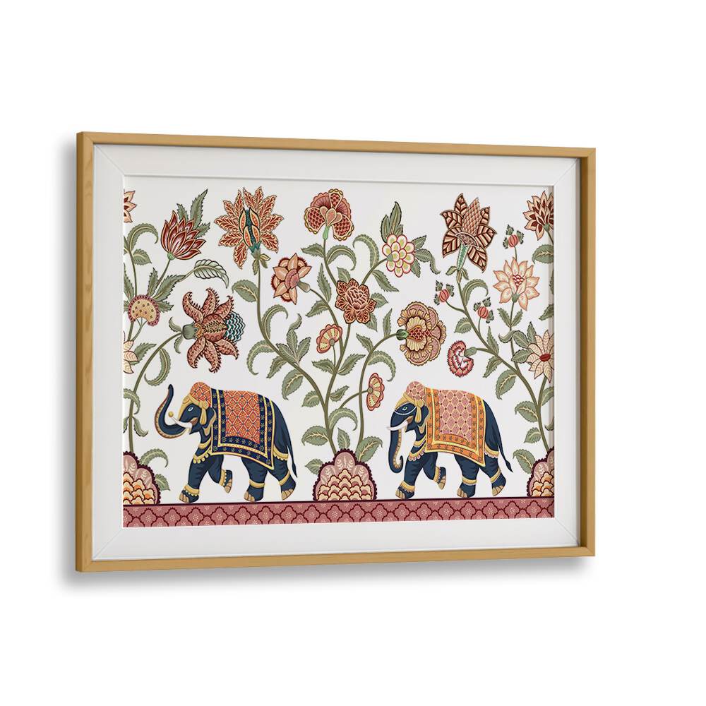 Floral Serenade Elephant's Symphony Indian Art Painting Artwork in Oak Wood Frame With Mount