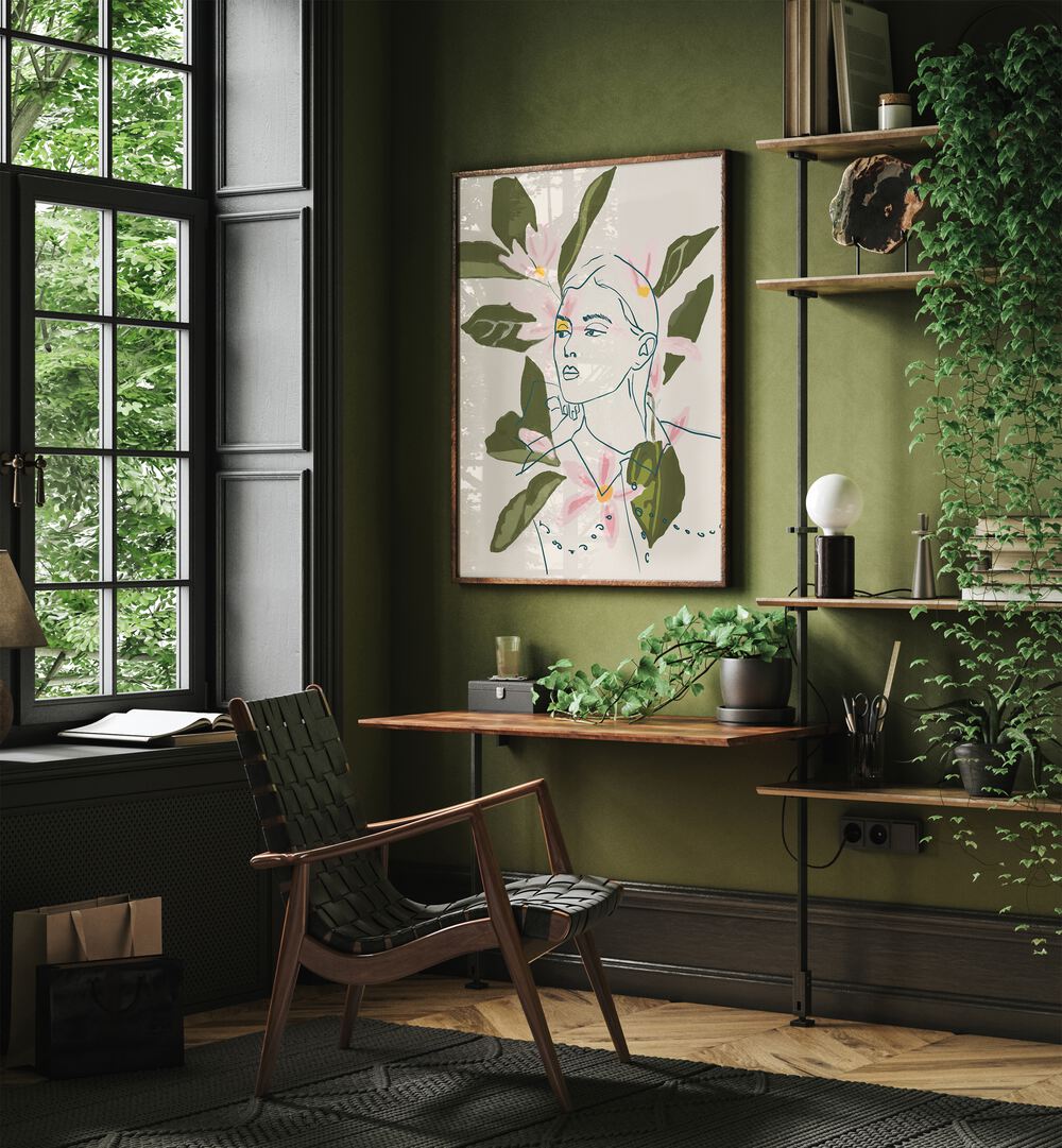 Stylish interior featuring FLORAL REFLECTION, PORTRAITS artwork with delicate floral motifs and elegant human forms.