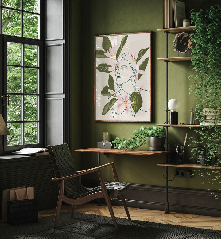 Stylish interior featuring FLORAL REFLECTION, PORTRAITS artwork with delicate floral motifs and elegant human forms.